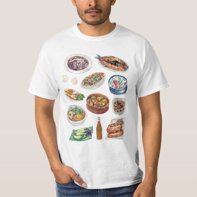 Traditional Filipino Food in Watercolor Pinoy T-Shirt (Front)