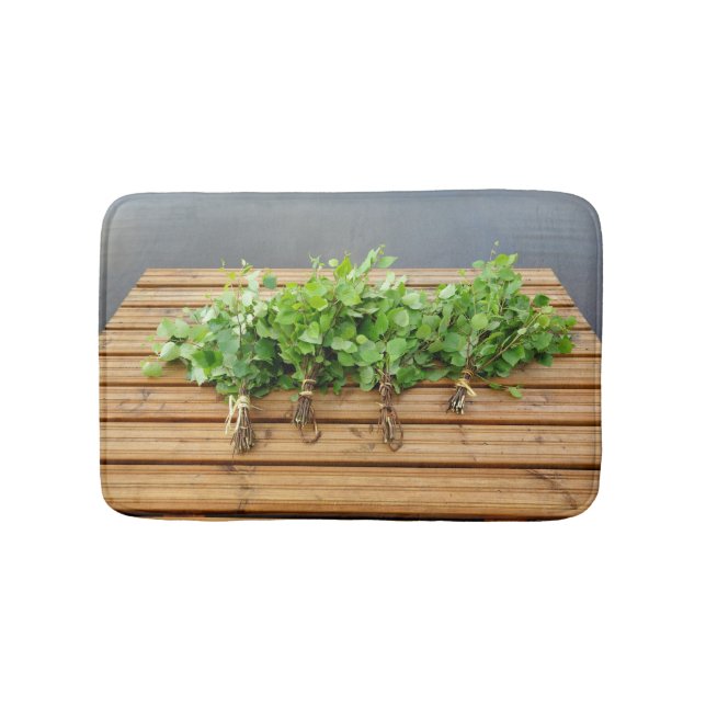 Traditional Finnish bath whisks on a jetty Bath Mat (Front)