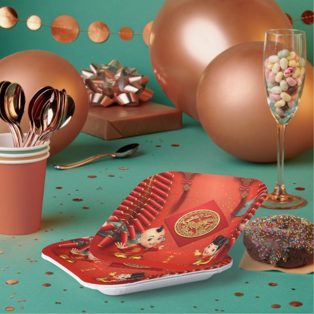 Traditional firecrackers Chinese Horse Year SqP Paper Plate (Multi)