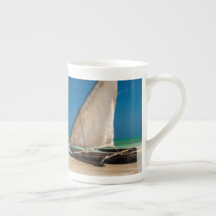 Traditional fishing boat on the beach bone china mug
