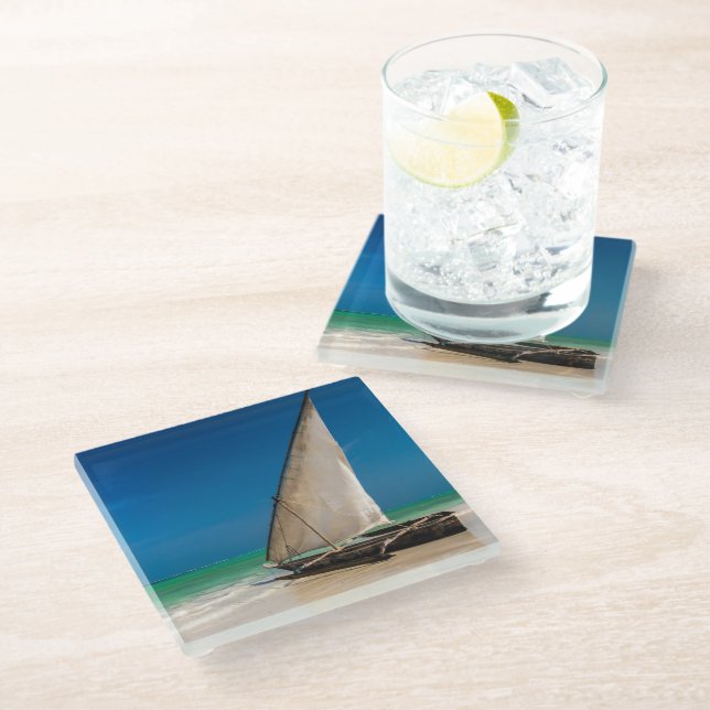 Traditional fishing boat on the beach glass coaster (Angled)