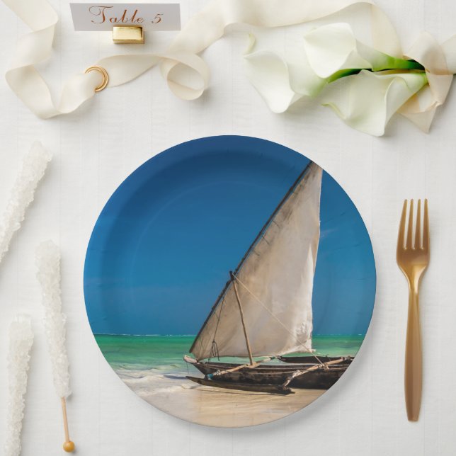 Traditional fishing boat on the beach paper plate (Wedding)