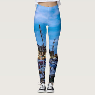 Traditional fishing town night scene leggings