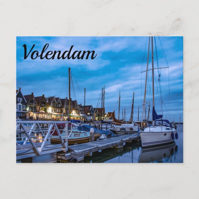 Traditional fishing town night scene postcard (Front)