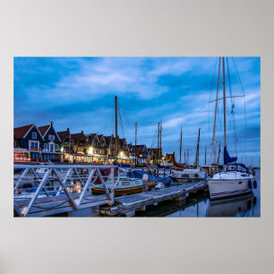 Traditional fishing town night scene poster