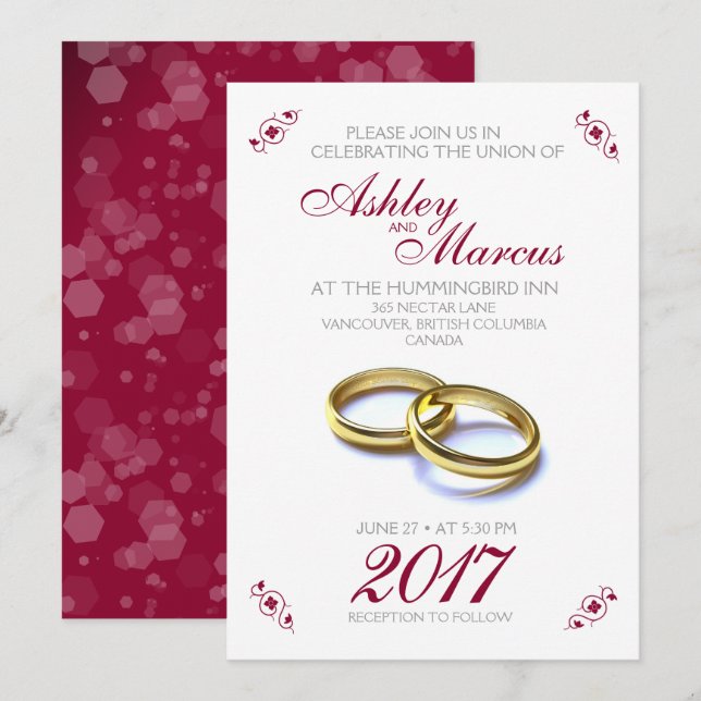 Traditional Floral and Rings Burgundy Grey Wedding Invitation (Front/Back)