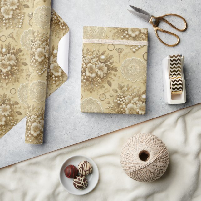 Traditional Floral Pearls and Lace Wedding Wrapping Paper (Crafts)