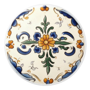 Traditional Flower Mediterranean Blue Cream Floral Ceramic Knob