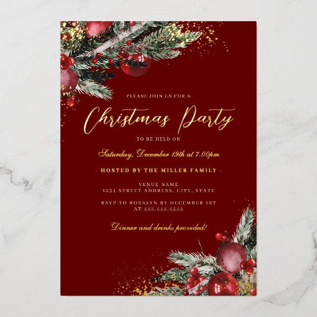 Traditional Foliage Gold Sparkle Christmas Party (Front)