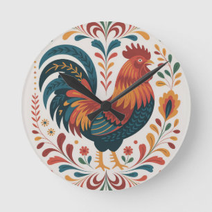 Traditional Folk Art Rooster Illustration Round Clock