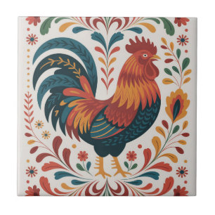 Traditional Folk Art Rooster Illustration Tile