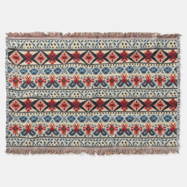 Traditional Folk Embroidery Stripe  Pattern Throw Blanket (Front)