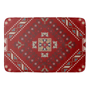 Traditional Folkloric Cross Stitch Pattern in Red Bath Mat