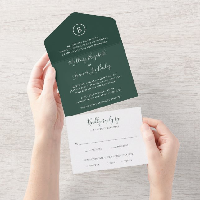 Traditional Forest Green Elegant Wedding All In One Invitation (Tearaway)