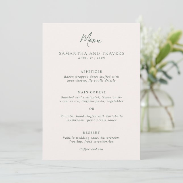 Traditional Forest Green Elegant Wedding Menu (Standing Front)