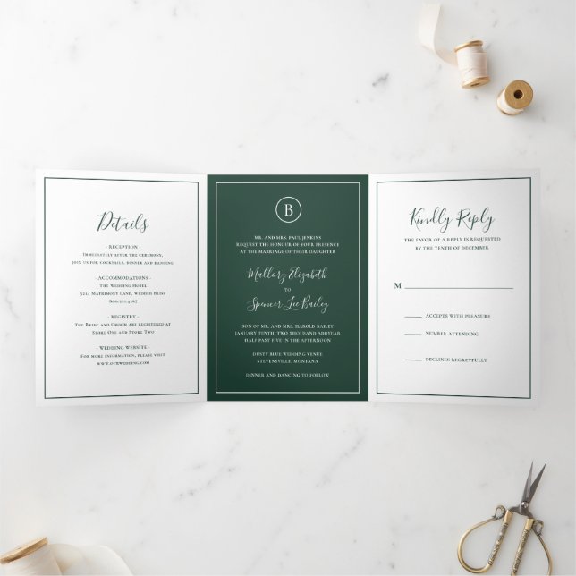 Traditional Forest Green Elegant Wedding Tri-Fold Invitation (Inside)
