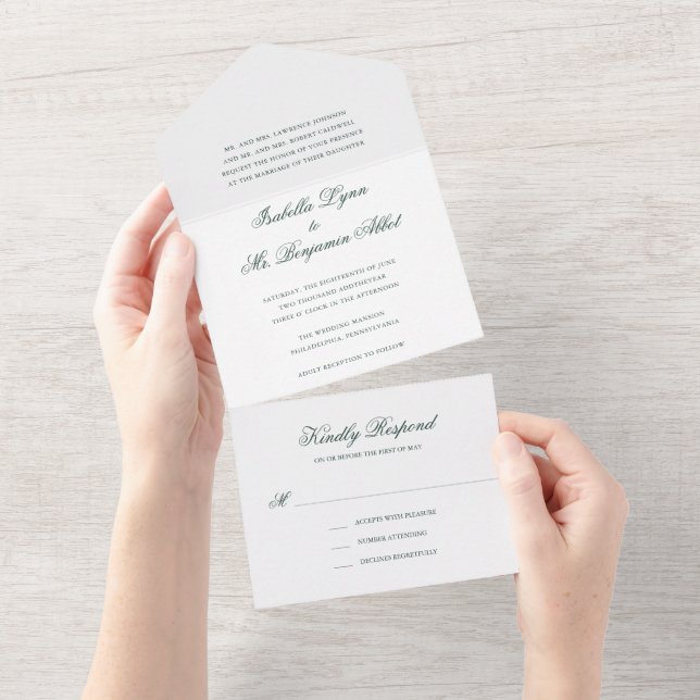 Traditional Forest Green Formal Elegant Wedding All In One Invitation (Tearaway)