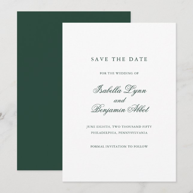 Traditional Forest Green Formal Elegant Wedding Save The Date (Front/Back)