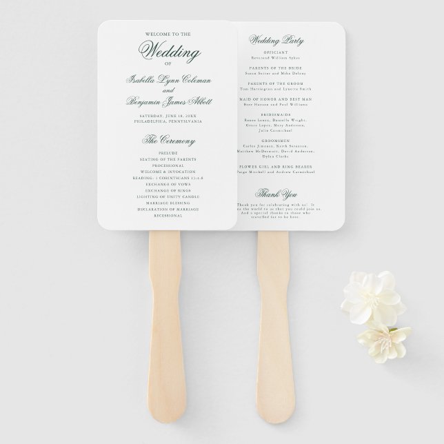 Traditional Forest Green Formal Wedding Program Hand Fan (Front and Back)