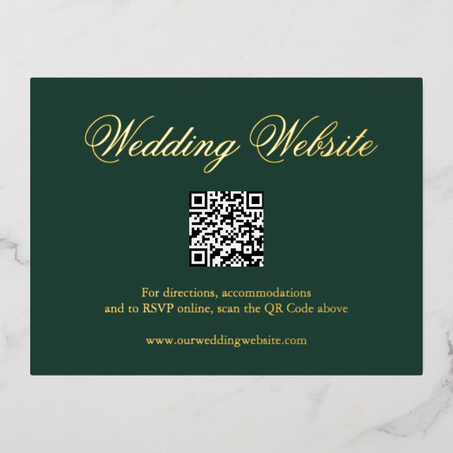 Traditional Forest Green QR Code Wedding Enclosure Foil Invitation Postcard (Front)