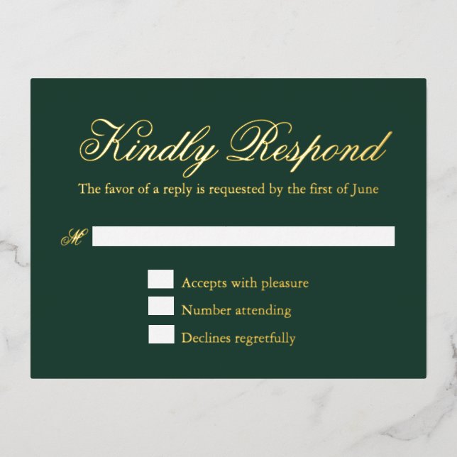 Traditional Forest Green Wedding Foil RSVP Card (Front)