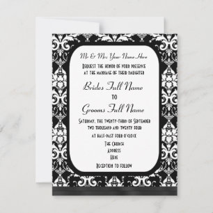 Traditional formal black and white damask wedding invitation