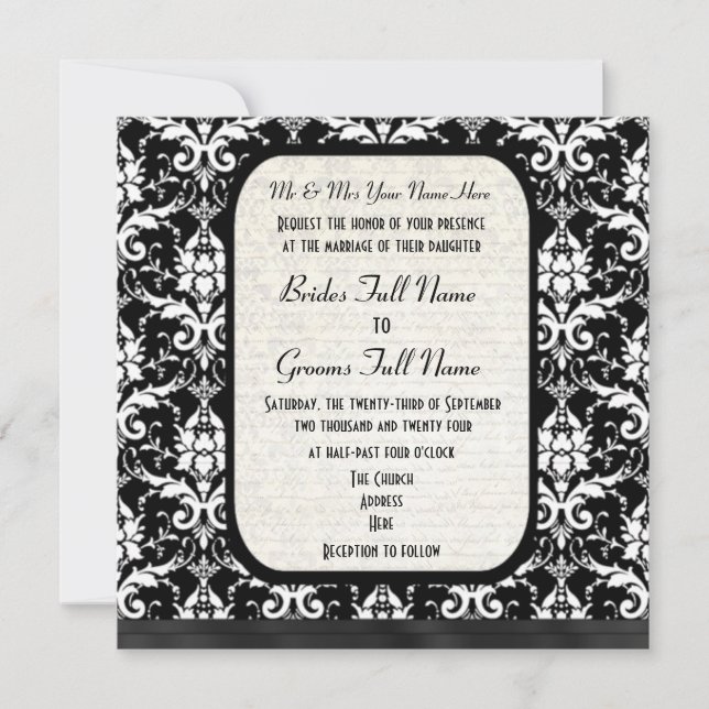 Traditional formal black and white damask wedding invitation (Front)