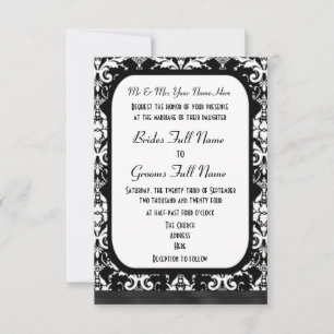 Traditional formal black and white damask wedding invitation