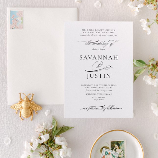 Traditional Formal Black & White Wedding Invitation (Designed for 2 sets of parents hosting the wedding)