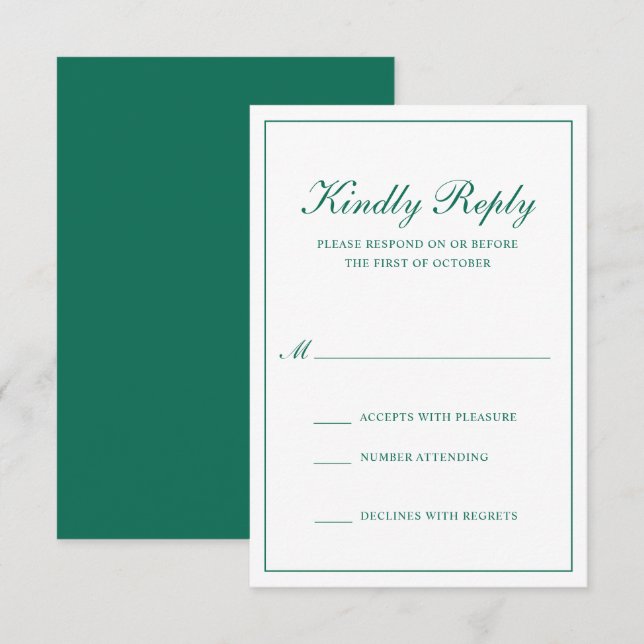 Traditional Formal Emerald Green Elegant Wedding RSVP Card (Front/Back)