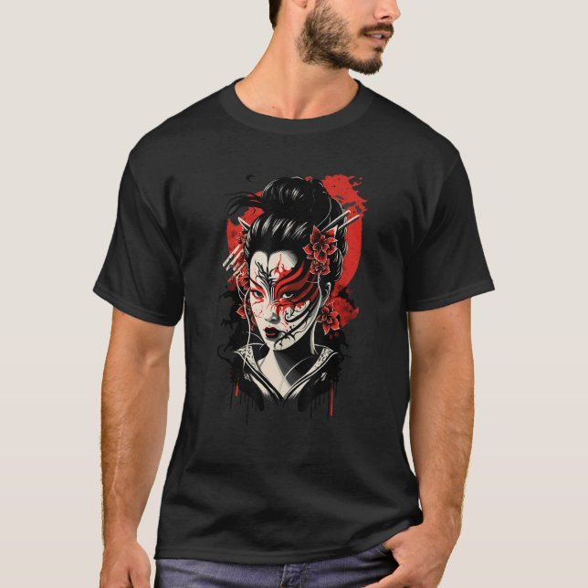 Traditional Geisha Samurai Mask Japanese Sword War T-Shirt (Front)