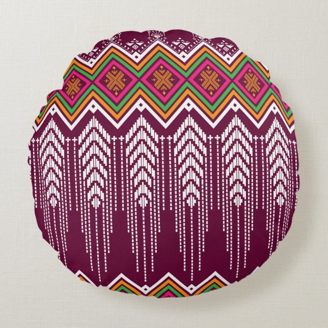Traditional Geometric Ethnic Pattern Round Cushion (Front)