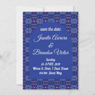 Traditional Geometric Pixel Pattern in Deep Blue  Invitation