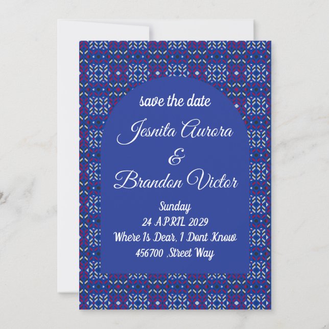 Traditional Geometric Pixel Pattern in Deep Blue  Invitation (Back)