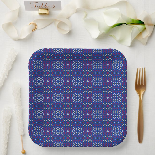 Traditional Geometric Pixel Pattern in Deep Blue  Paper Plate (Wedding)