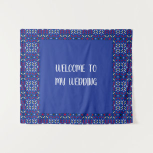Traditional Geometric Pixel Pattern in Deep Blue  Tapestry