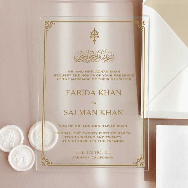 Traditional Gold Border Islamic Muslim Wedding Acrylic Invitations (Creator Uploaded)