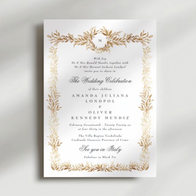 traditional gold botanical frame monogram wedding invitation (Creator Uploaded)