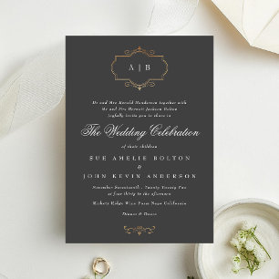 traditional gold crest monogram wedding invitation