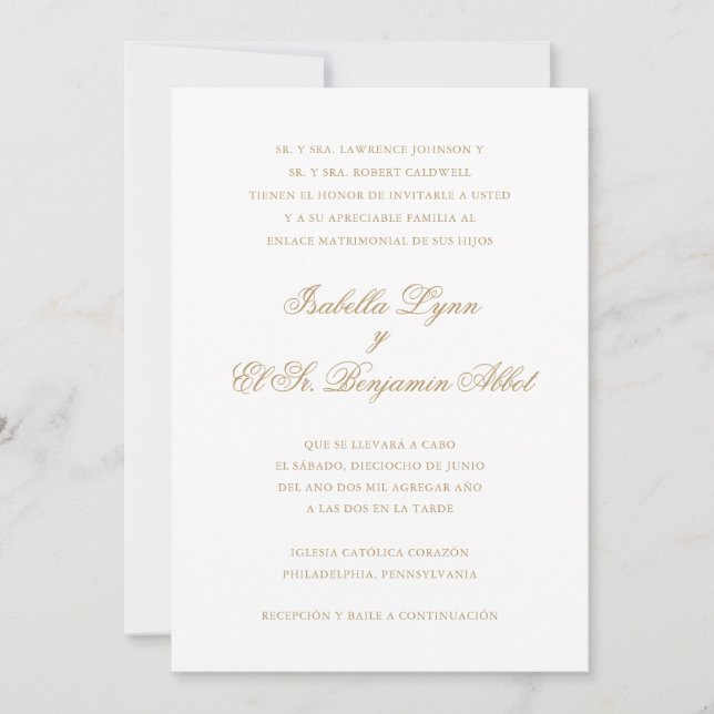 Traditional Gold Formal Elegant Spanish Wedding Invitation (Front)