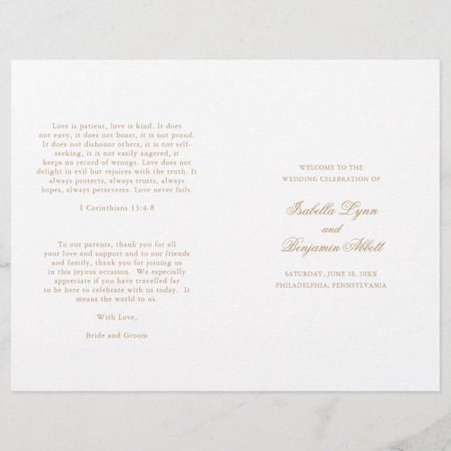 Traditional Gold Formal Elegant Wedding Program (Front)