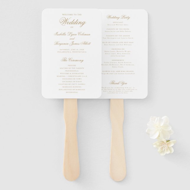 Traditional Gold Formal Elegant Wedding Program Hand Fan (Front and Back)