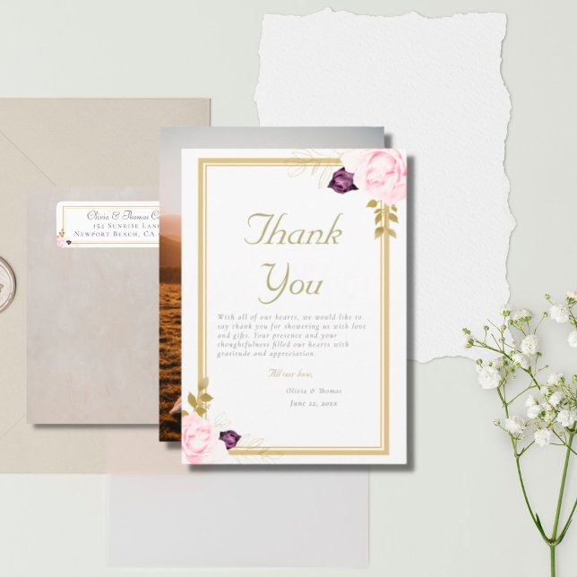 Traditional Gold Frame Rustic Roses Photo Wedding Thank You Card (Creator Uploaded)