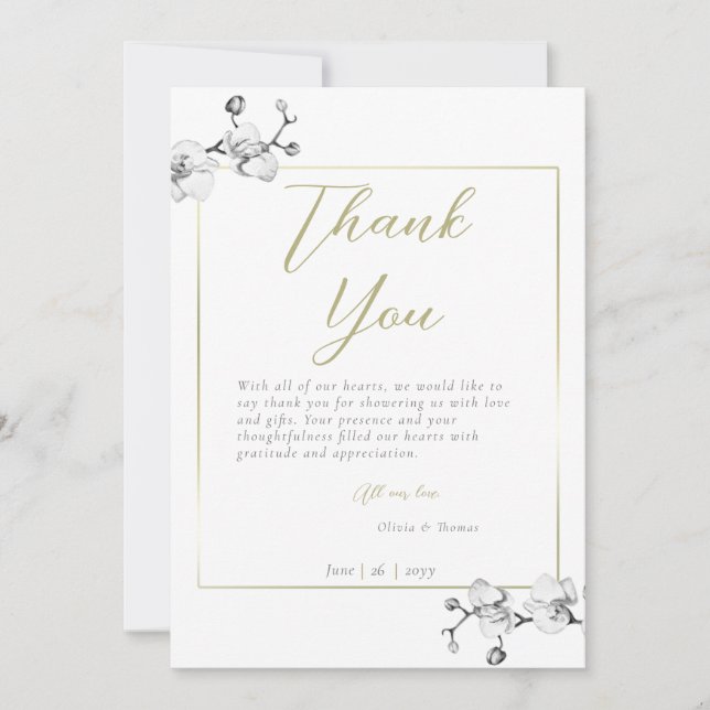Traditional Gold Frame White Orchid Bridal Shower Thank You Card (Front)