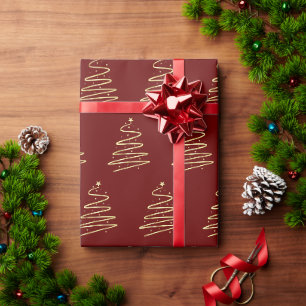 Traditional gold metallic Christmas tree deep red Wrapping Paper