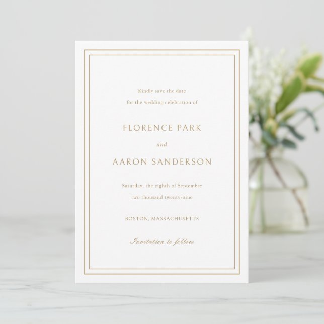 Traditional Gold Photo Timeless Wedding Save The Date (Standing Front)