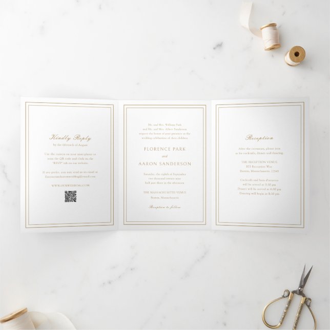 Traditional Gold QR Code Timeless Wedding Tri-Fold Invitation (Inside)