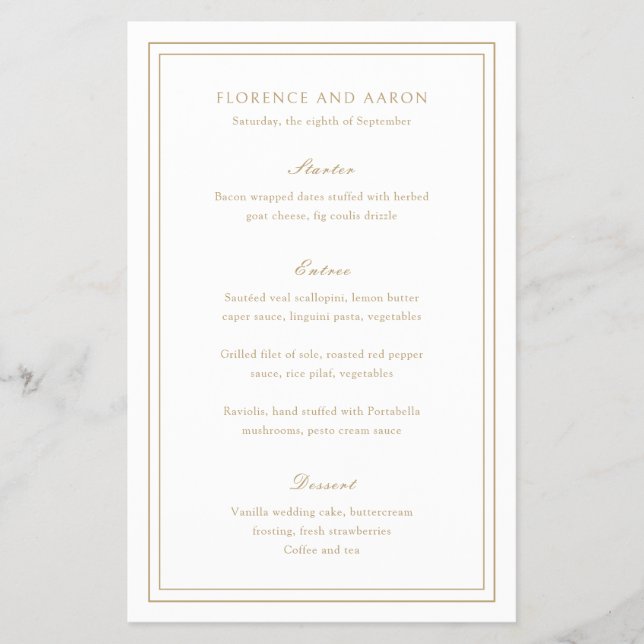 Traditional Gold Timeless Budget Wedding Menu (Front)