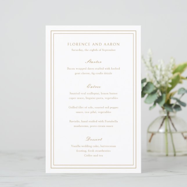 Traditional Gold Timeless Wedding Menu (Standing Front)