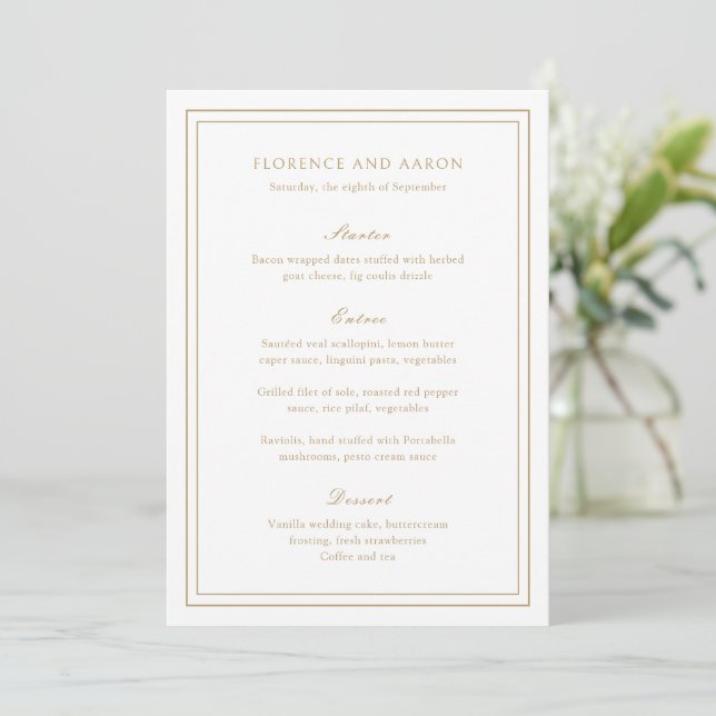 Traditional Gold Timeless Wedding Menu (Standing Front)